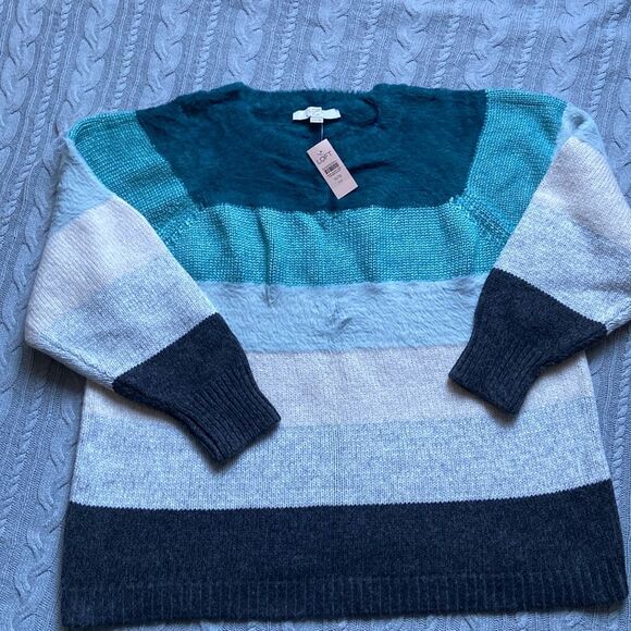 LOFT PLUS Knitted Wide Striped Crewneck Wool Blend Sweater - Picture 2 of 7